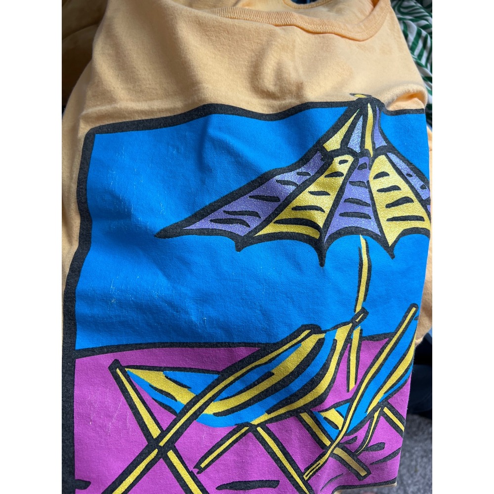 Beach Bound Vintage Yellow Graphic T-Shirt Dress Beach Chairs Pocket USA 1X - Picture 7 of 7